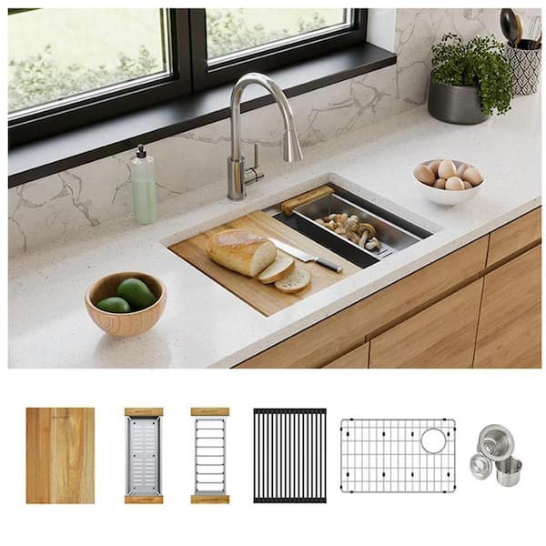 Crosstown 26 in. Undermount Single Bowl 18-Gauge Stainless Steel Kitchen Workstation Sink Kit w/Accessories