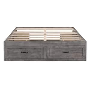 Gray Wooden Frame Queen Size Platform Bed with 6 Underneath Drawers