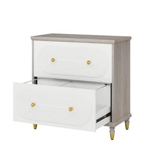 Atencio 2-Drawer White & Gray Wood 31.5 in. W Lateral File Cabinet with Gold Legs for A4/Letter Size/Legal Size Files