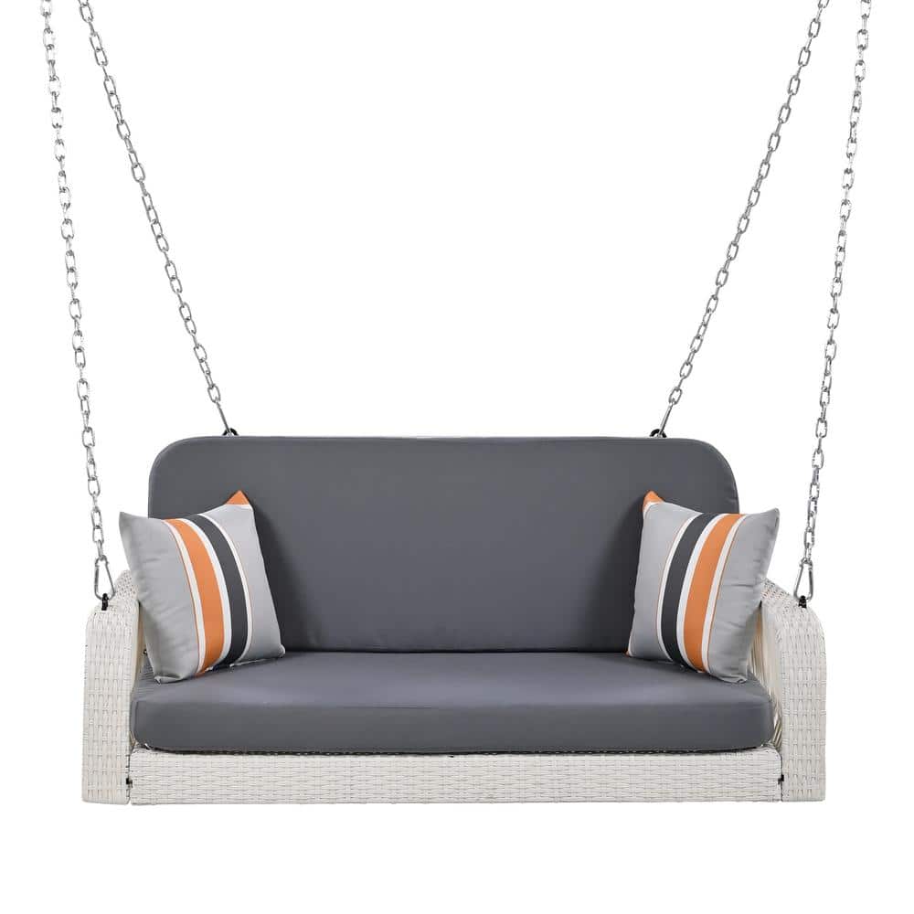 2-Person White Wicker Porch Swing, Patio Hanging Bench With Chains and Gray