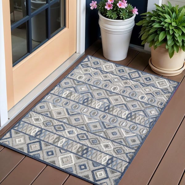 HomeRoots Blue, Gray 2 X 4 ft. Woven Polypropylene Rectangle Indoor/Outdoor Area Rug