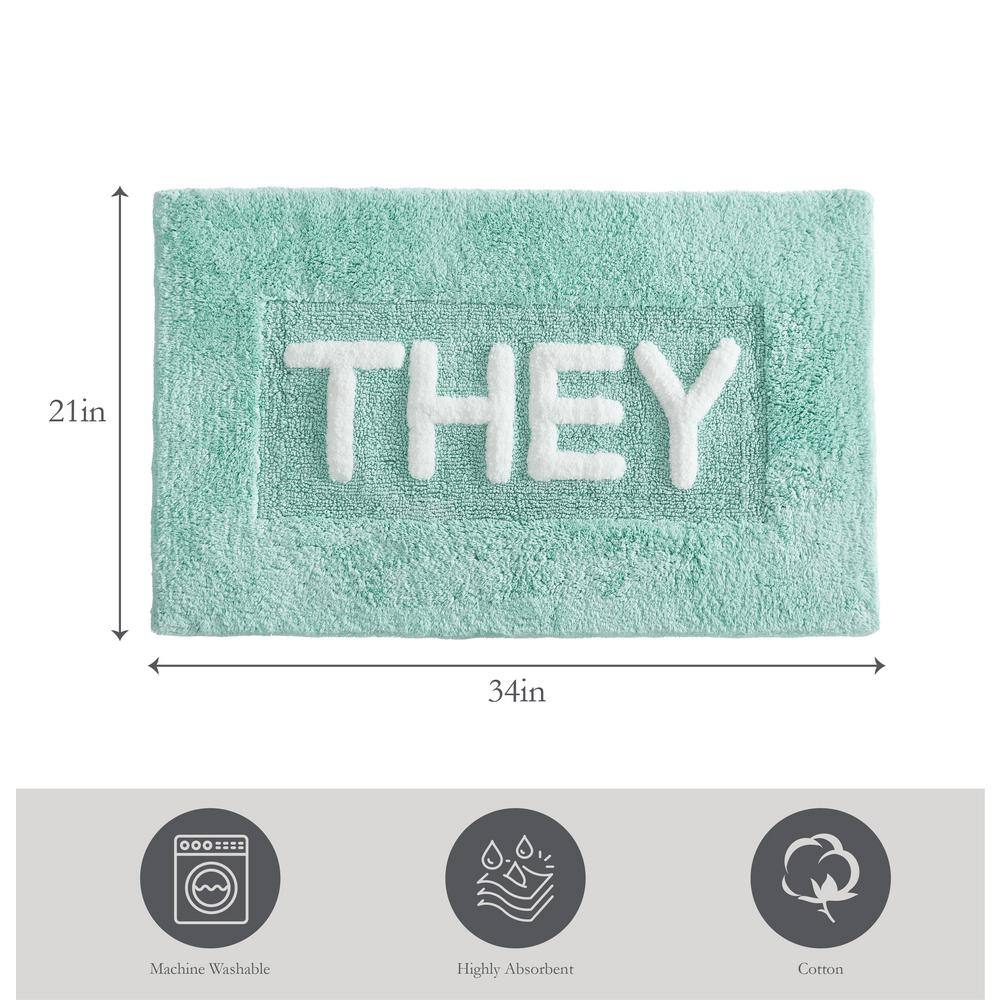 Aqua Cotton Bath Rug with 'They' Pattern, 21" x 34"
