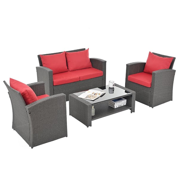 Sudzendf Gray 4-Pieces Outdoor Patio Furniture Set PE Rattan Wicker with Red Cushions