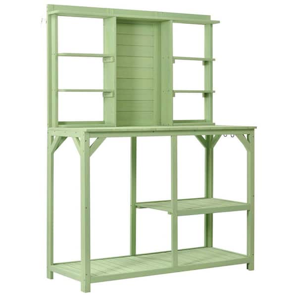 Tunearary 64.6 in. H Green Large Outdoor Wood Garden Potting Bench Table with 6-Tier Shelve and Side Hook
