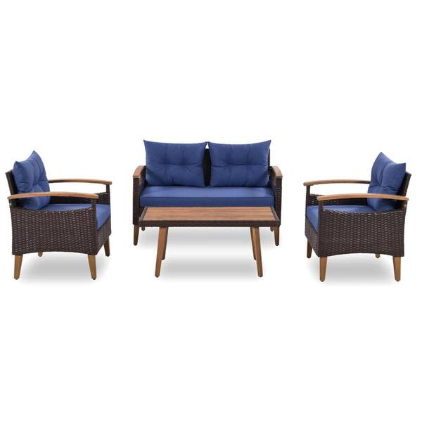 Miscool Anky Black/Brown 4-Piece Wicker Patio Conversation Set with Blue Cushions