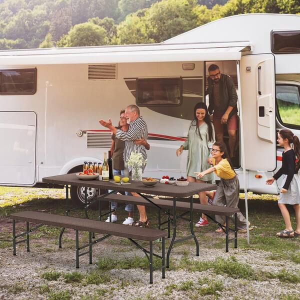 Gymax 29 in. Brown Rectangle Iron Folding Picnic Table Seats 4