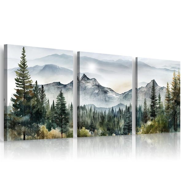 Angel Sar 3-Piece Abstract Mountain Forest Landscapes Ink Painting Framed Canvas Art Print 16 in. x 12 in.