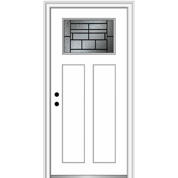 MMI Door Pembrook 32 in. x 80 in. 2-Panel Right-Hand Inswing 1/4 Lite Decorative Glass Primed Fiberglass Prehung Front Door