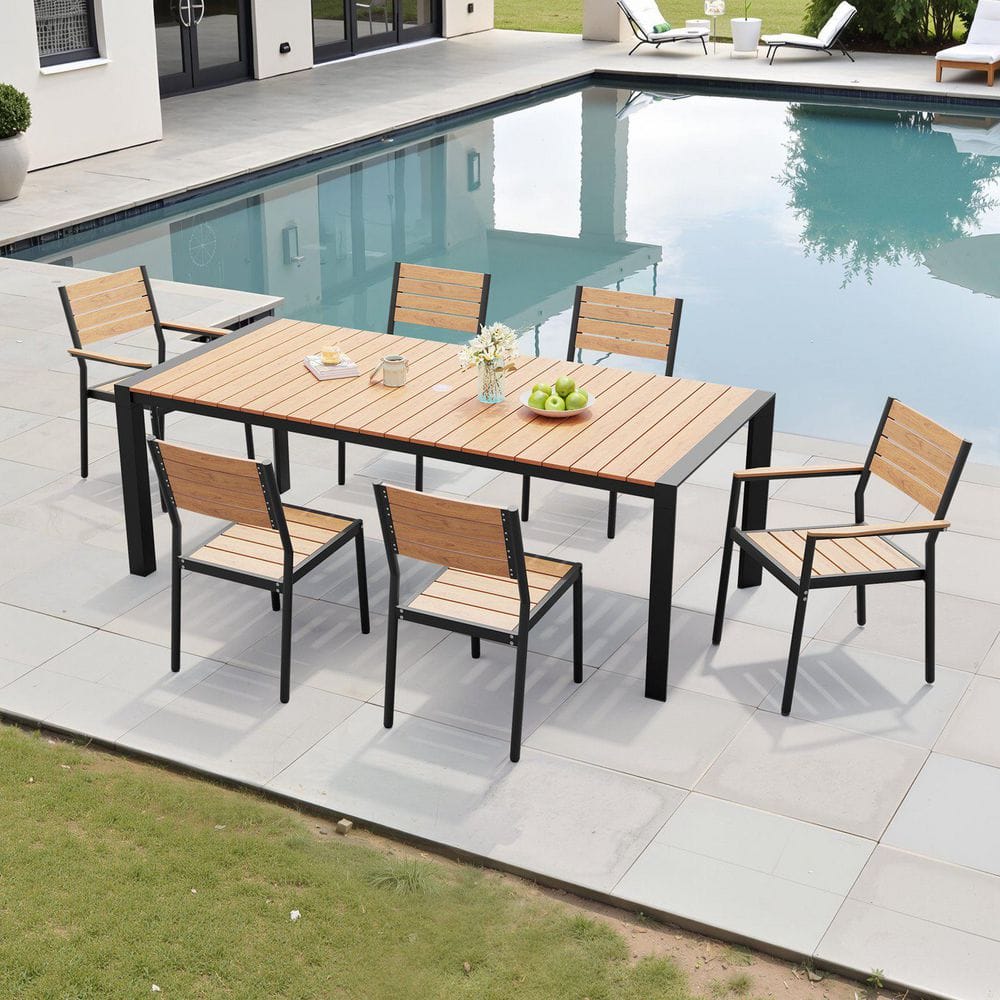 Brown 7-Piece Aluminum Rectangular 83.86 in. Table Outdoor Dining Set and Stackable Chairs price history on PriceWatchPro
