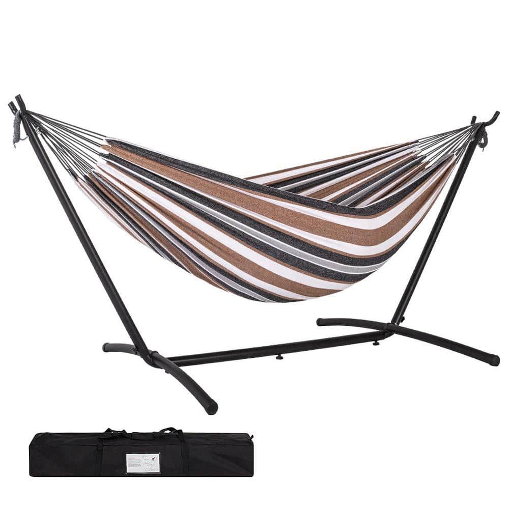 AURA OUTDOOR 9 ft. Fabric Double Hammock with Steel Stand, Portable Carrying Case and Pillow, 450 lbs. Capacity, Brown Stripe COMBY-HD-0033MS - The Home Depot