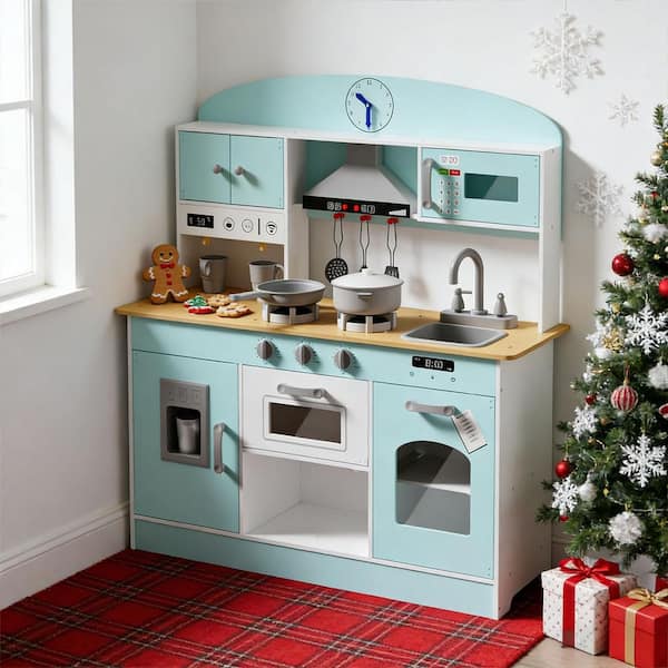 Wooden Kids Kitchen Playset for Toddlers Includes Stove, Oven, Microwave, Coffee Maker, and 31 pieces of Accessories