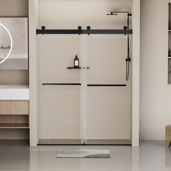 ANGELES HOME 44 in. - 48 in. W x 76 in. H Double Sliding Frameless Soft-closing Shower Door, 5/16 in. (8 mm) Tempered Glass, Black