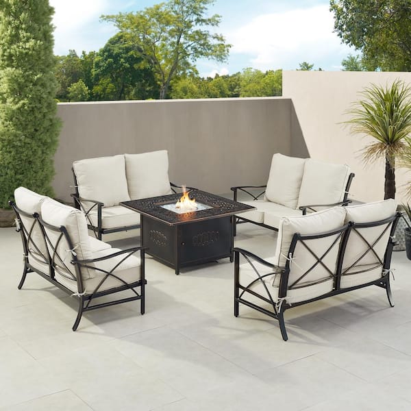 Oakland Living Black 5 Piece Aluminum Patio Fire Pit Table Set with 4 Deep Seating Loveseats with Light Grey Cushions