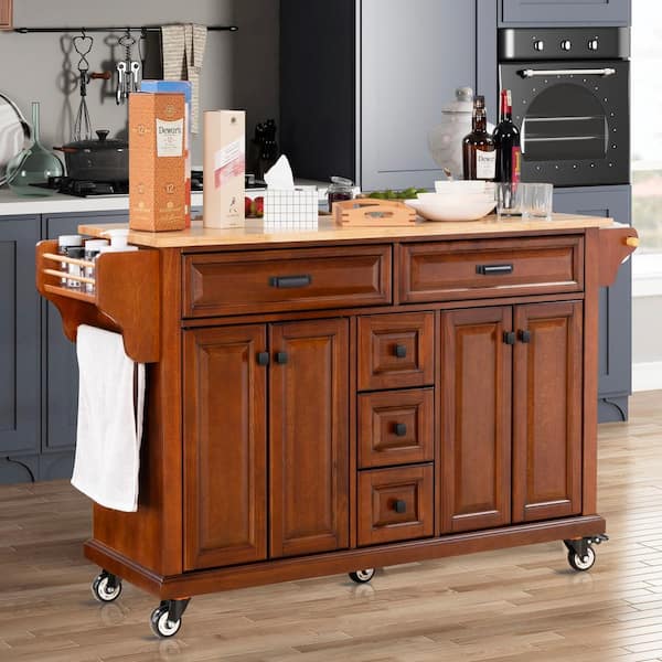 Unbranded MDF Kitchen Cart with 4-Door Cabinet, Spice Rack and Towel Rack in Mahogany
