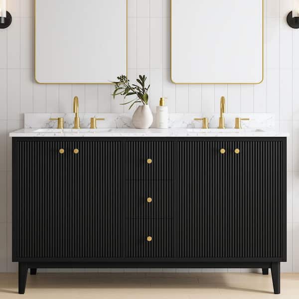 Sylvie 60 in. Double Sink Fluted Black Bathroom Vanity with Carrara Venato Engineered Stone Top (Assembled)