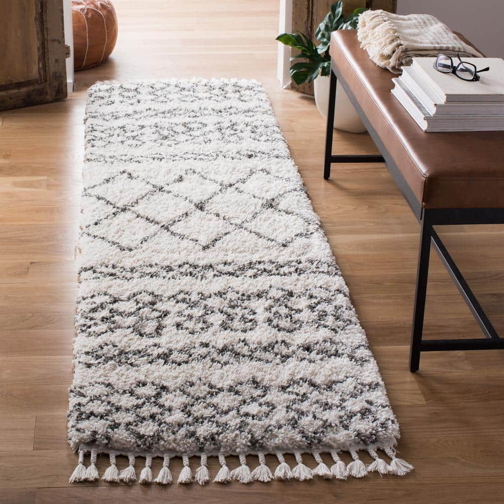 UPC 195058168212 product image for Moroccan Fringe Shag 2 ft. x 12 ft. Ivory/Gray Tribal Striped Diamonds Runner Ru | upcitemdb.com