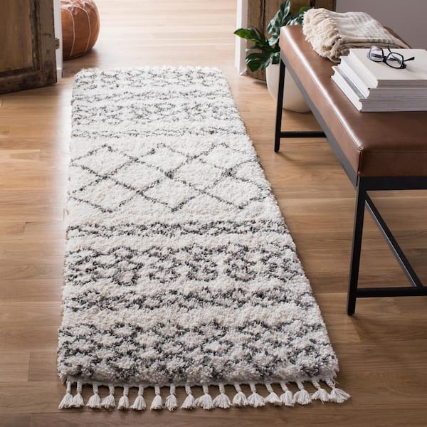 Moroccan Fringe Shag 2 ft. x 6 ft. Ivory/Gray Tribal Striped Diamonds Runner Rug