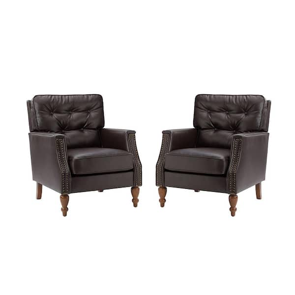 JAYDEN CREATION Hunfried Brown Vegan Leather Armchair with Solid Wood Legs (Set of 2)