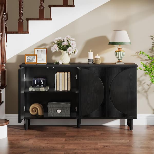 BYBLIGHT Ahlivia Black 59.44 in. W 4-Door Wood Buffet Cabinet Sideboard, Kitchen Sideboard, Storage Cabinet with Shelves
