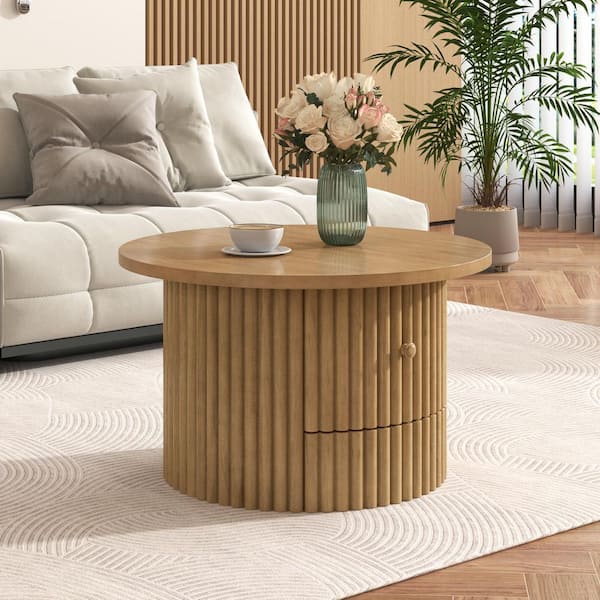 Angel Sar 30.5 in. Natural Round MDF Coffee Table, Farmhouse Coffee Table with A Drawer and Vertical Slat Base for Living Room