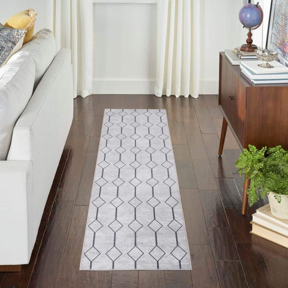 Ivory and Grey Geometric Cotton Synthetic Runner Rug