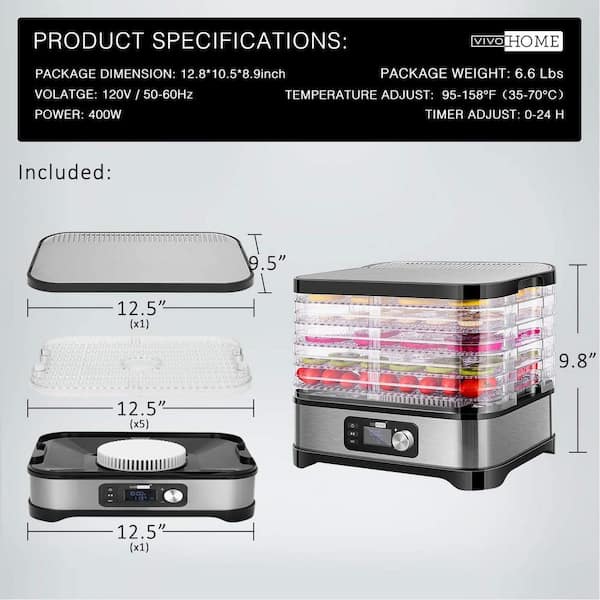 400W Food Dehydrator Stainless Steel 6 Trays Electric Food Dryer Machine  for Fruit Vegetable