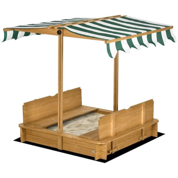 3.5 ft. W x 3.5 ft. L Brown Wood Sandbox with Cover, Children Sand Box with Foldable Bench Seats, Adjustable Canopy