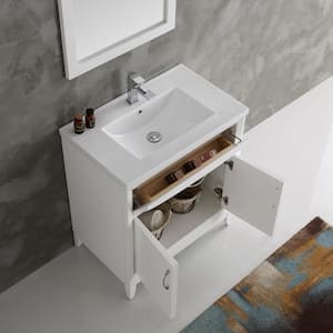 Cambridge 30 in. Vanity in White with Porcelain Vanity Top in White with White Ceramic Basin and Mirror