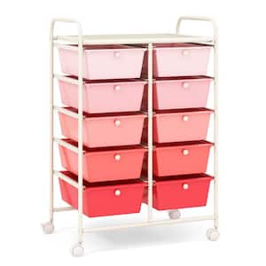 10-Drawer 4-Wheeled Plastic Storage Cart Utility Rolling Trolley Kitchen Office Organizer in Pink Gradient