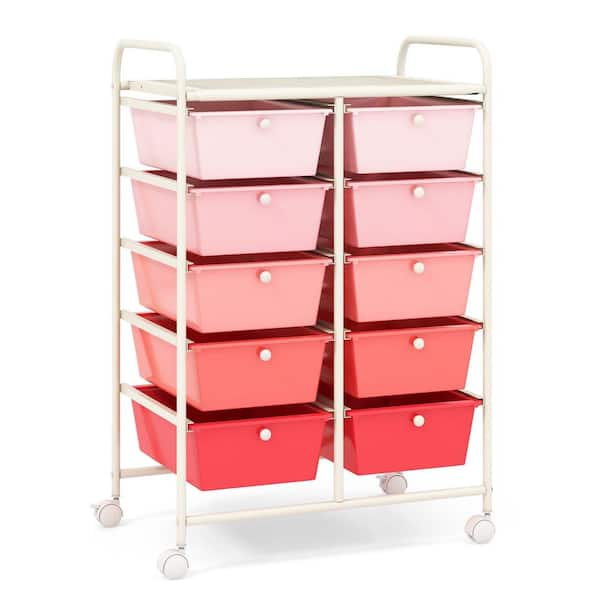 10-Drawer 4-Wheeled Plastic Storage Cart Utility Rolling Trolley Kitchen Office Organizer in Pink Gradient