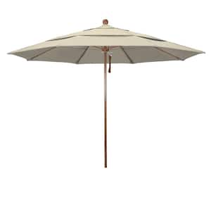 11 ft. Woodgrain Aluminum Commercial Market Patio Umbrella Fiberglass Ribs and Pulley Lift in Beige Sunbrella