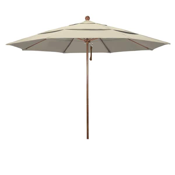 California Umbrella 11 ft. Woodgrain Aluminum Commercial Market Patio Umbrella Fiberglass Ribs and Pulley Lift in Beige Sunbrella