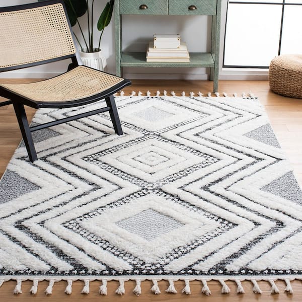 Moroccan Tassel Shag 9 ft. x 12 ft. Ivory/Gray Zig-Zag High Low Area Rug