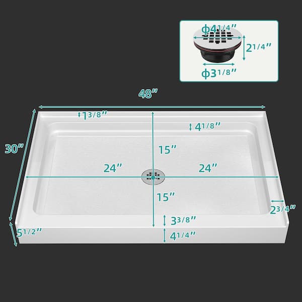 48 in. L x 30 in. W Alcove White Shower Pan Base Single Threshold with center Drain Acrylic Shower Tray for RV/Bathroom