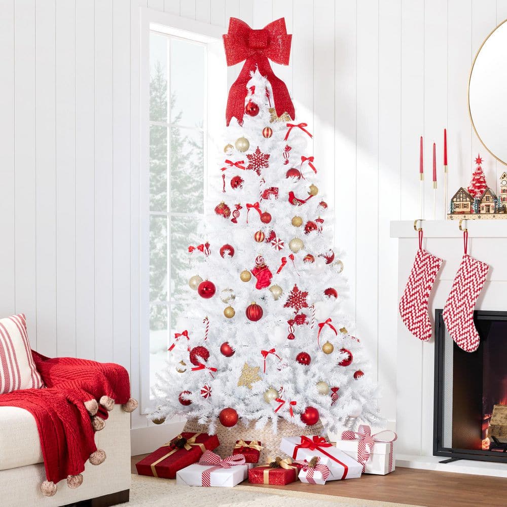 6ft White Hinged Artificial Christmas Pine Tree with Metal Base