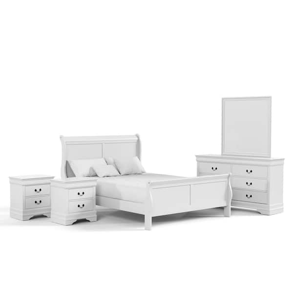 Burkhart 5-Piece White Wood King Bedroom Set with 2-Nightstands and Dresser w/Mirror