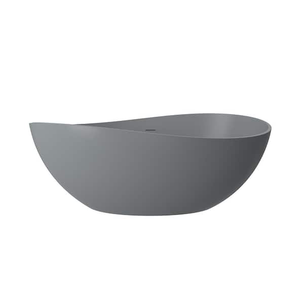 VANITYFUS 63 in. x 37 in. Stone Resin Solid Surface Non-Slip Freestanding Soaking Bathtub with Brass Drain and Hose in Matte Gray
