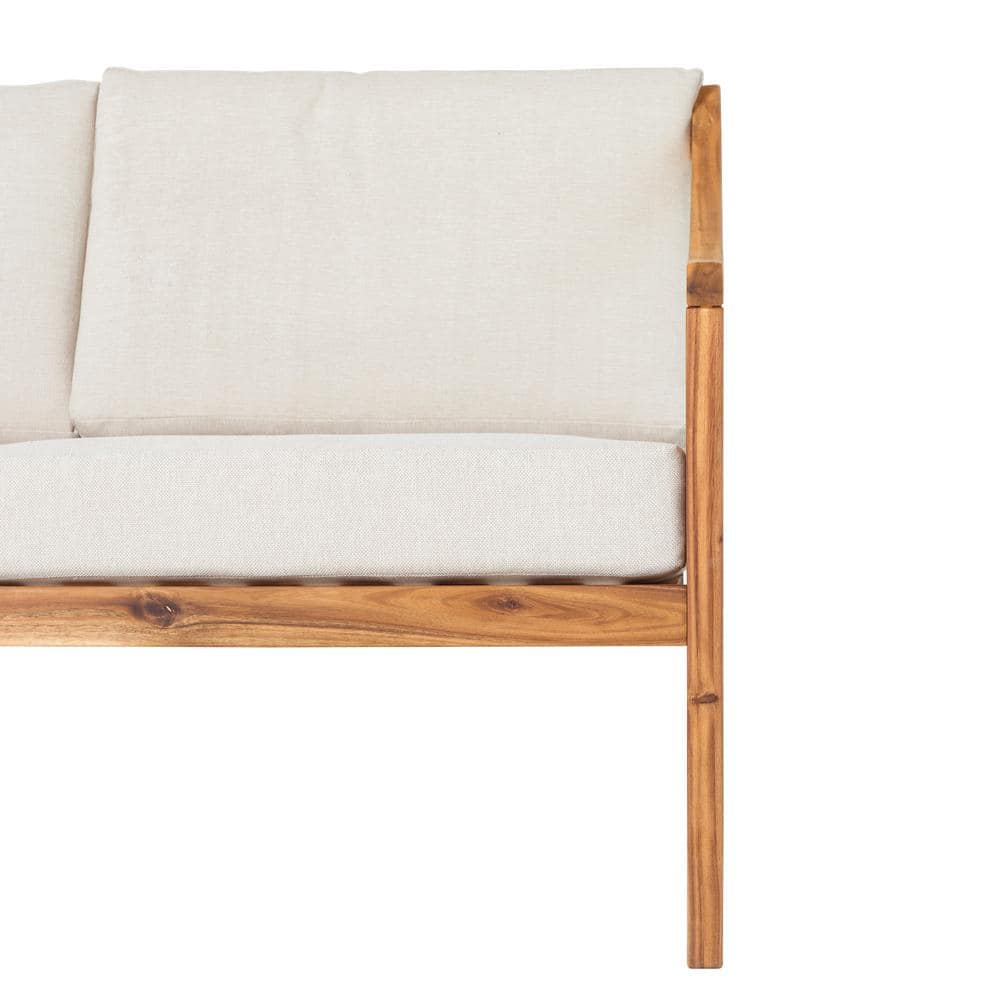 Natural Solid Acacia Wood Curved Arm Outdoor Loveseat with Beige Cushions