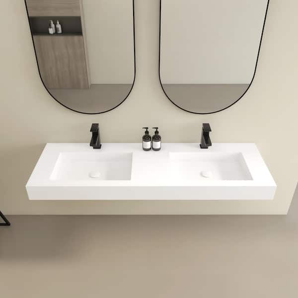 Vetra 59 x 19 in. Solid Surface Wall Mount or Countertop Bathroom Double Vessel Sink with Faucet Holes in Matte White