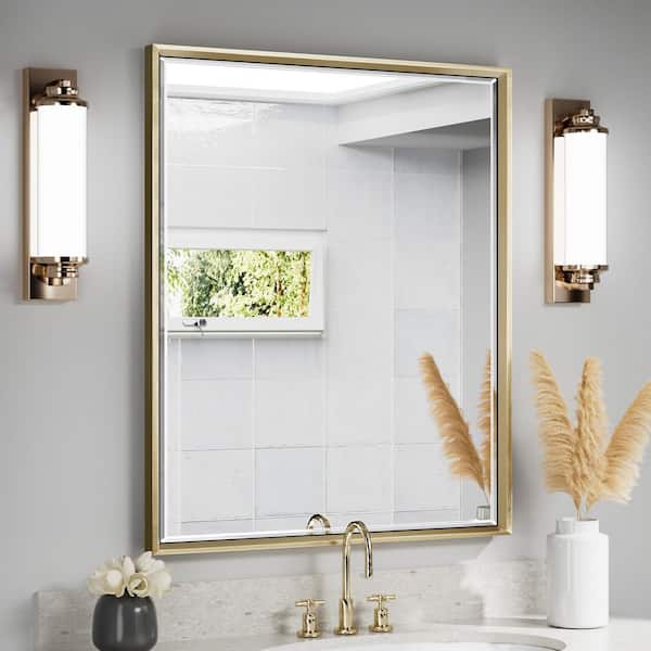 QueenFun OnaBella 30in. W x 36in. H Rectangular Aluminum Thin Framed Wall Mount Beveled Bathroom Vanity Mirror in Gold