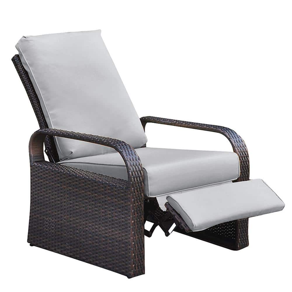 Aluminum Brown Wicker Outdoor Chaise Lounge Recliner Chair with Gray Cushio