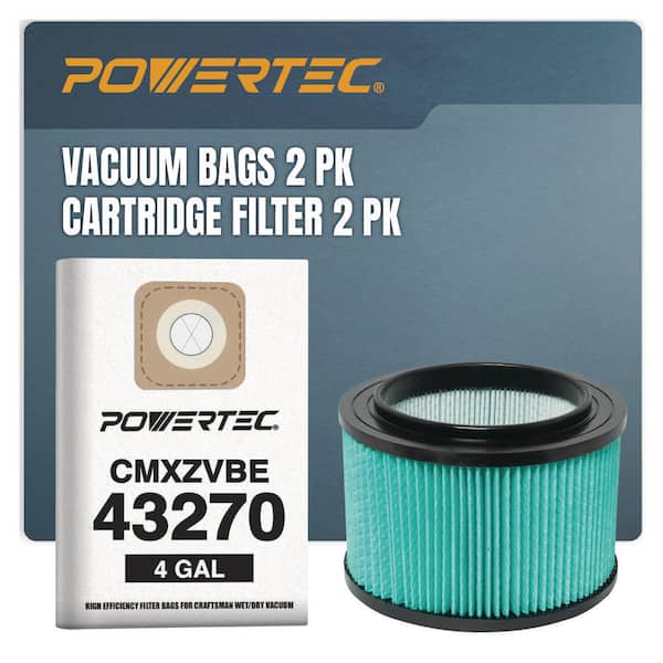 4 Gal. Filter Bag 2-Pack for Craftsman 43270 w/16950/17810 HEPA Cartridge Filter 2-Pack for Most 3-4 Gal. Wet/Dry Vacuum