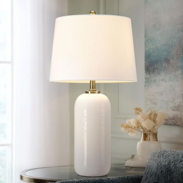 Marcia 25in White Ceramic Table Lamp Set with White Shade and 3-Way Rotary Socket Switch (Set of 2)