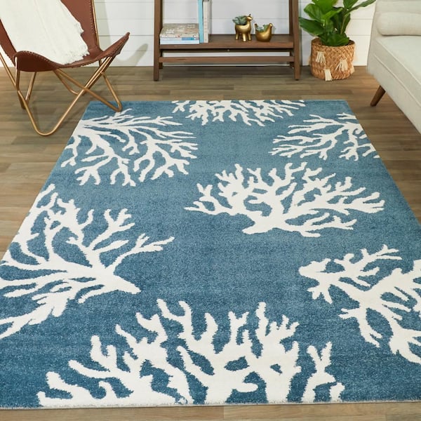Caistor White 5 ft. x 7 ft. Coastal Coral Print Area Rug