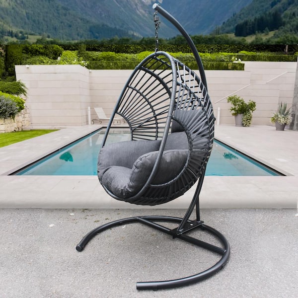 Outdoor Garden Black Hollow Out Wicker Patio Swing Casual Egg Chair with Gray Cushion