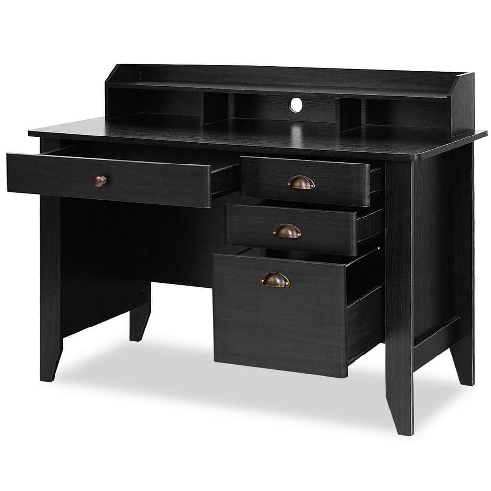 Elegant Black MDF Computer Desk with Multi-Drawer Storage and Monitor Shelf
