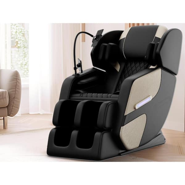 Noble House Bess Black and Gold Faux Leather Reclining Full Body Massage Chair with Zero Gravity, Heat, Foot Rollers, Bluetooth