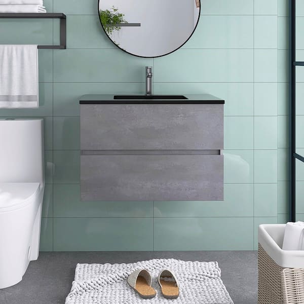 Staykiwi 29.5 in. W x 18.9 in. D x 20.7 in. H Single Sink Wall Mounted Bath Vanity in Cement Grey with Black Quartz sand Top