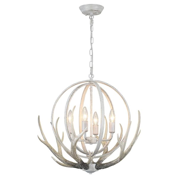 20.47 in. 4-Light Oyster Grey Pendant Antler Design Chandelier with Resin Shade and No Bulbs Included For Living Room