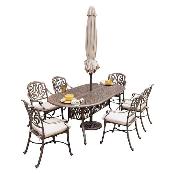 HOMESTYLES Floral Blossom Taupe 7-Piece Patio Dining Set with Beige Cushions and Umbrella